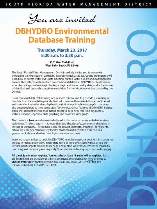 Please join the South Florida ​Water ​Management ​District ​ for DBHYDRO ​Environmental ​Database ​Training on ​Thursday,&nbsp;�...